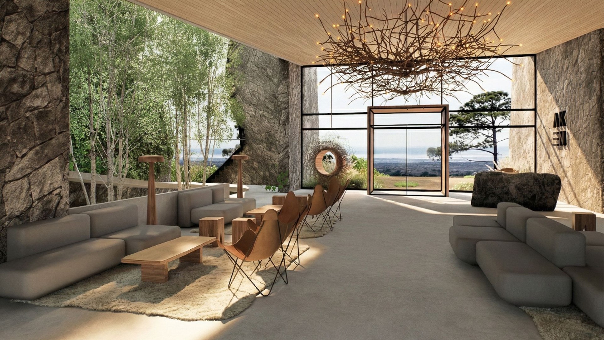 Lobby del hotel AKEN MIND integrado al paisaje